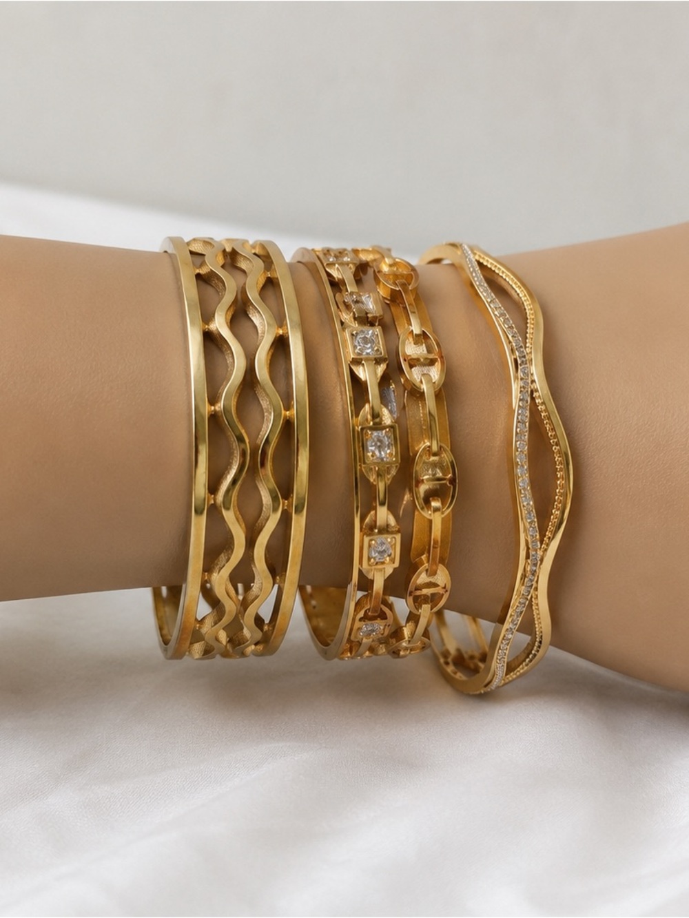 Gold Tone Mixed Bangle Bracelet eqch- Elegant Women's Jewelry opens to fit